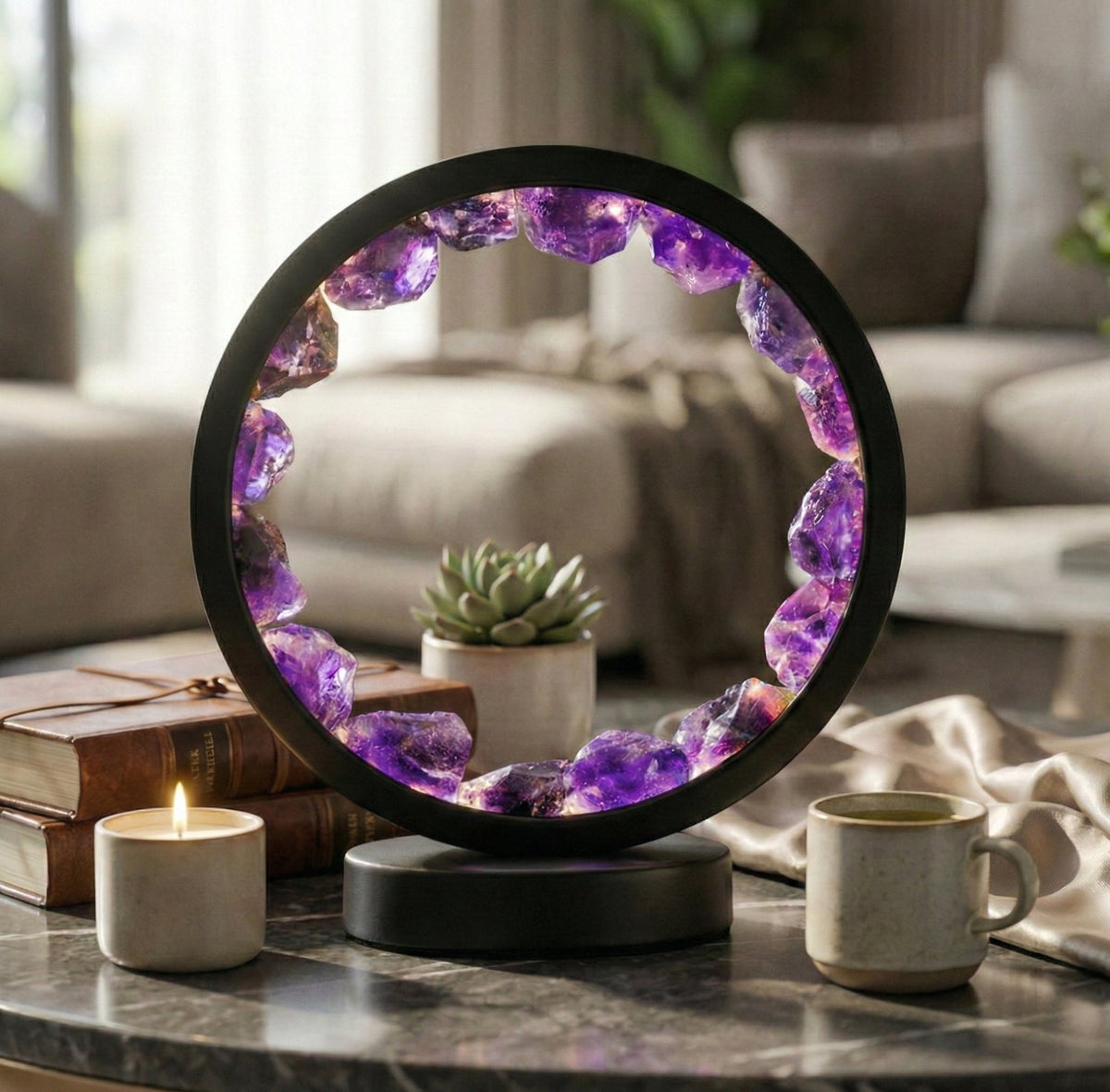 Amethyst Crystal Aura Ring Lamp - Natural Healing Energy Decor for Bedroom & Meditation