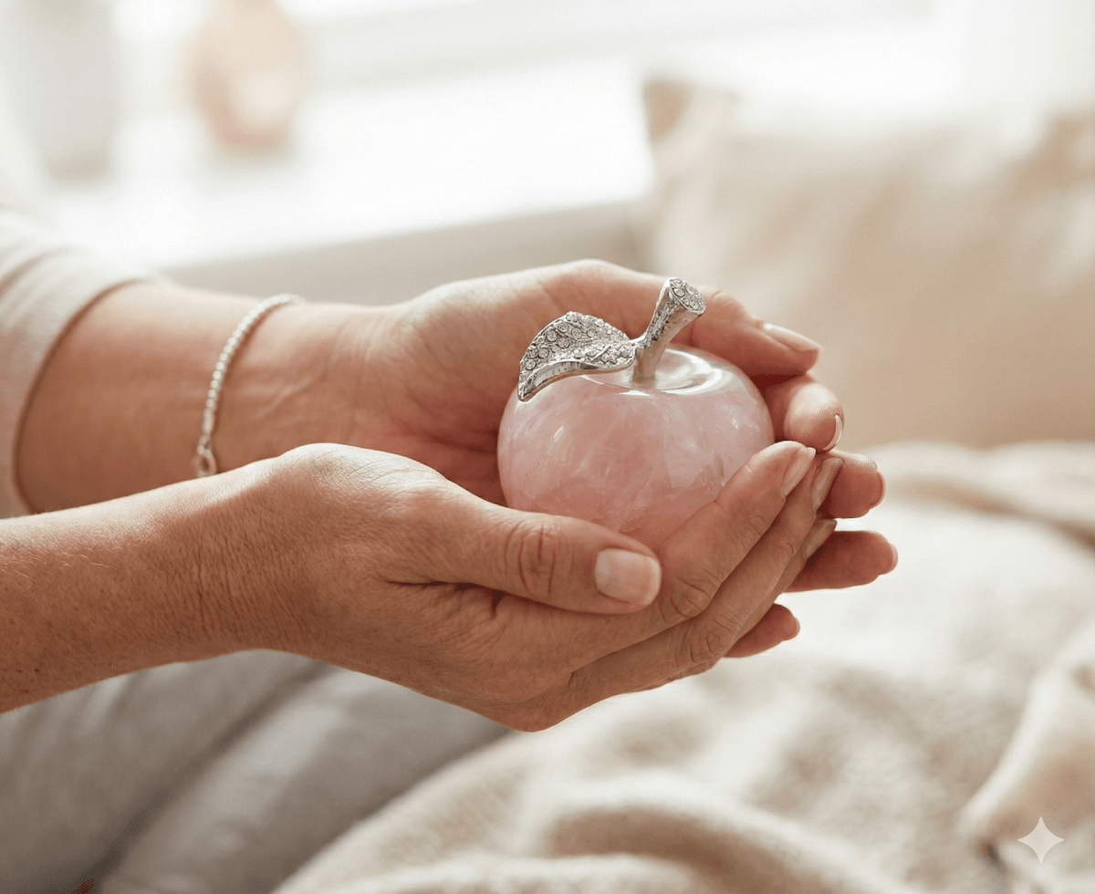 Eternal Harmony: Polished Rose Quartz Crystal Apple with Sparkling Jeweled Silver Stem