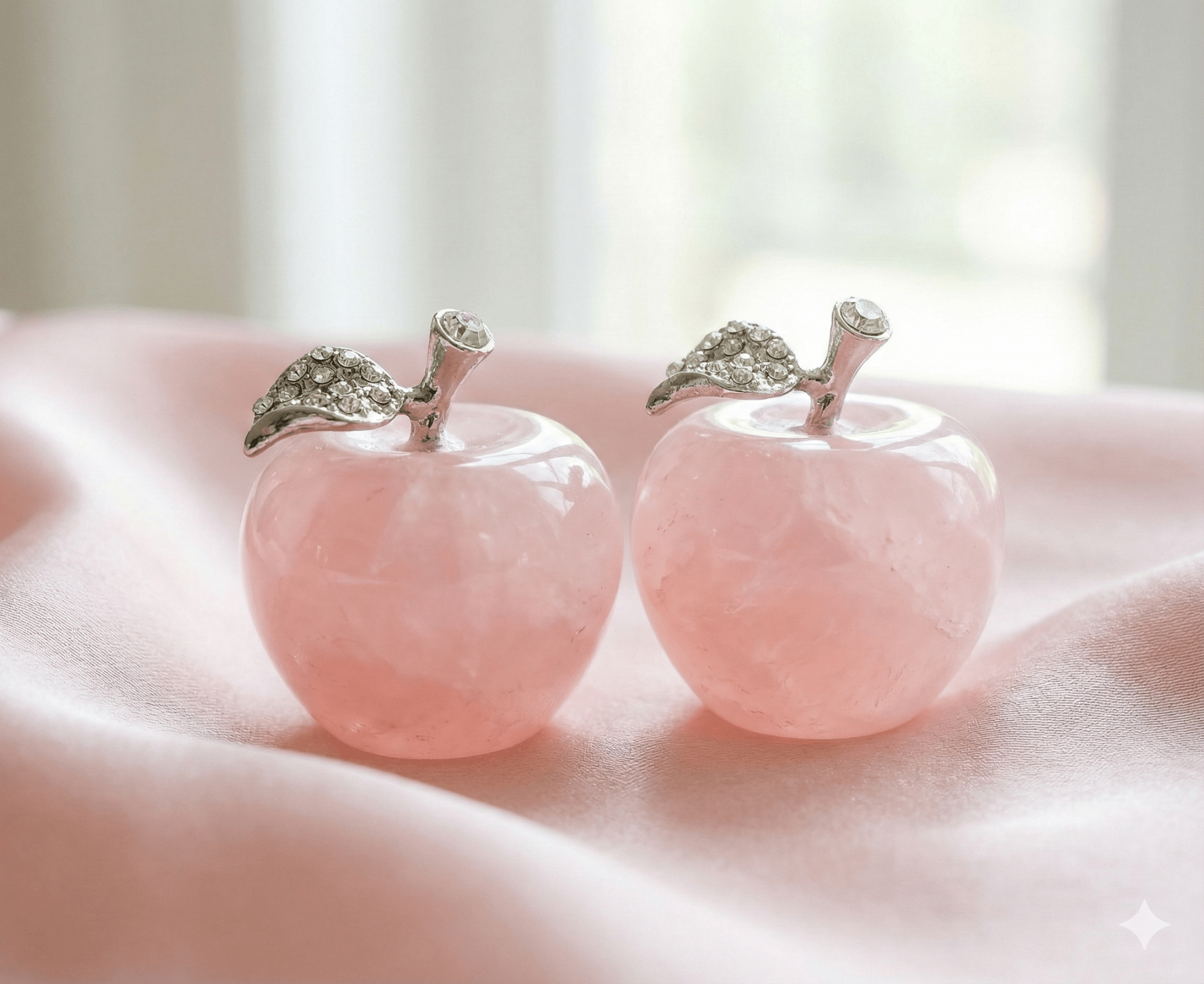 Eternal Harmony: Polished Rose Quartz Crystal Apple with Sparkling Jeweled Silver Stem - ModernEnergyLab.com