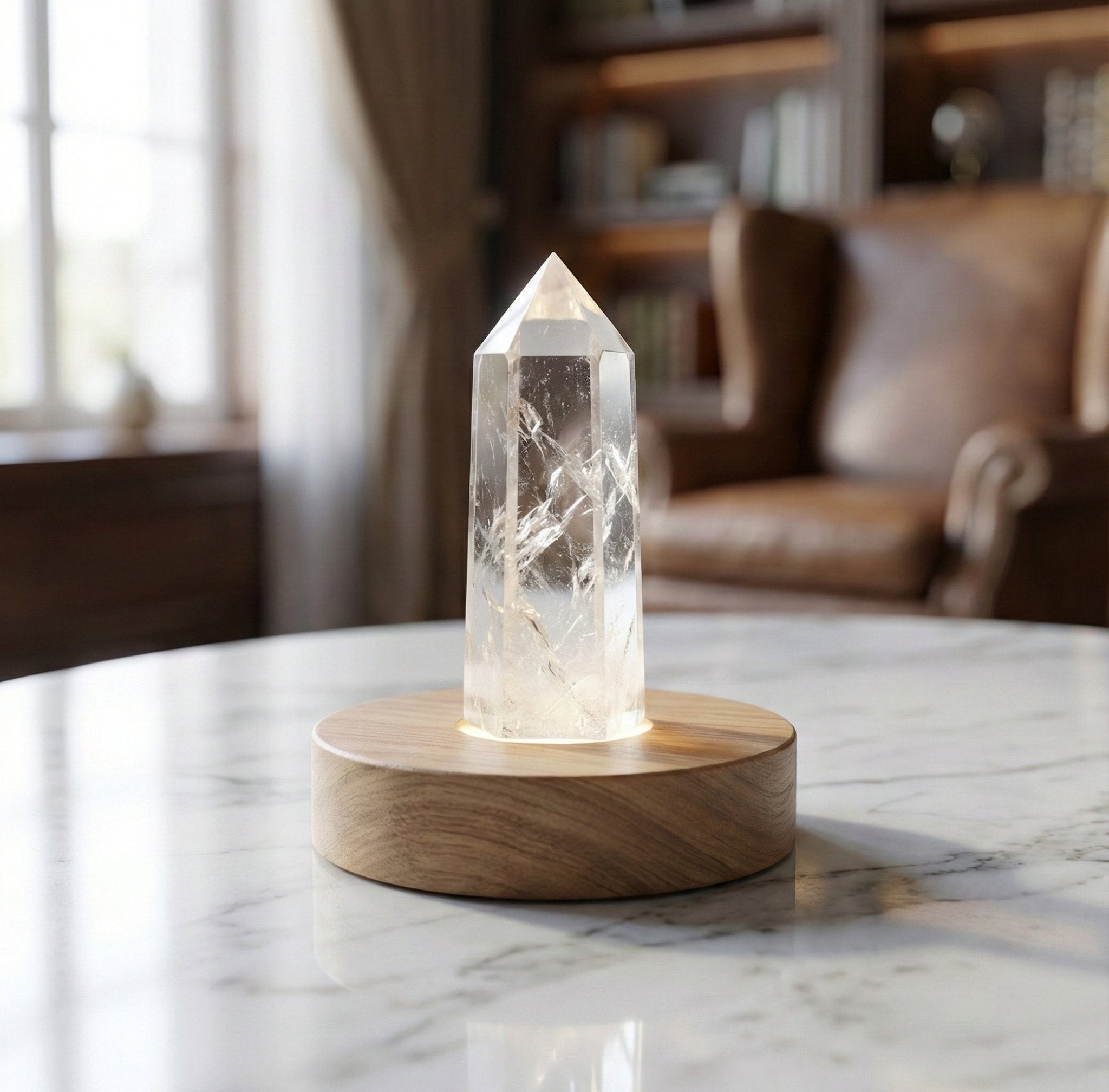 Luminous Clarity: Natural Clear Quartz Point Lamp on Warm Wooden Base (For Meditation & Home Decor) - ModernEnergyLab.com