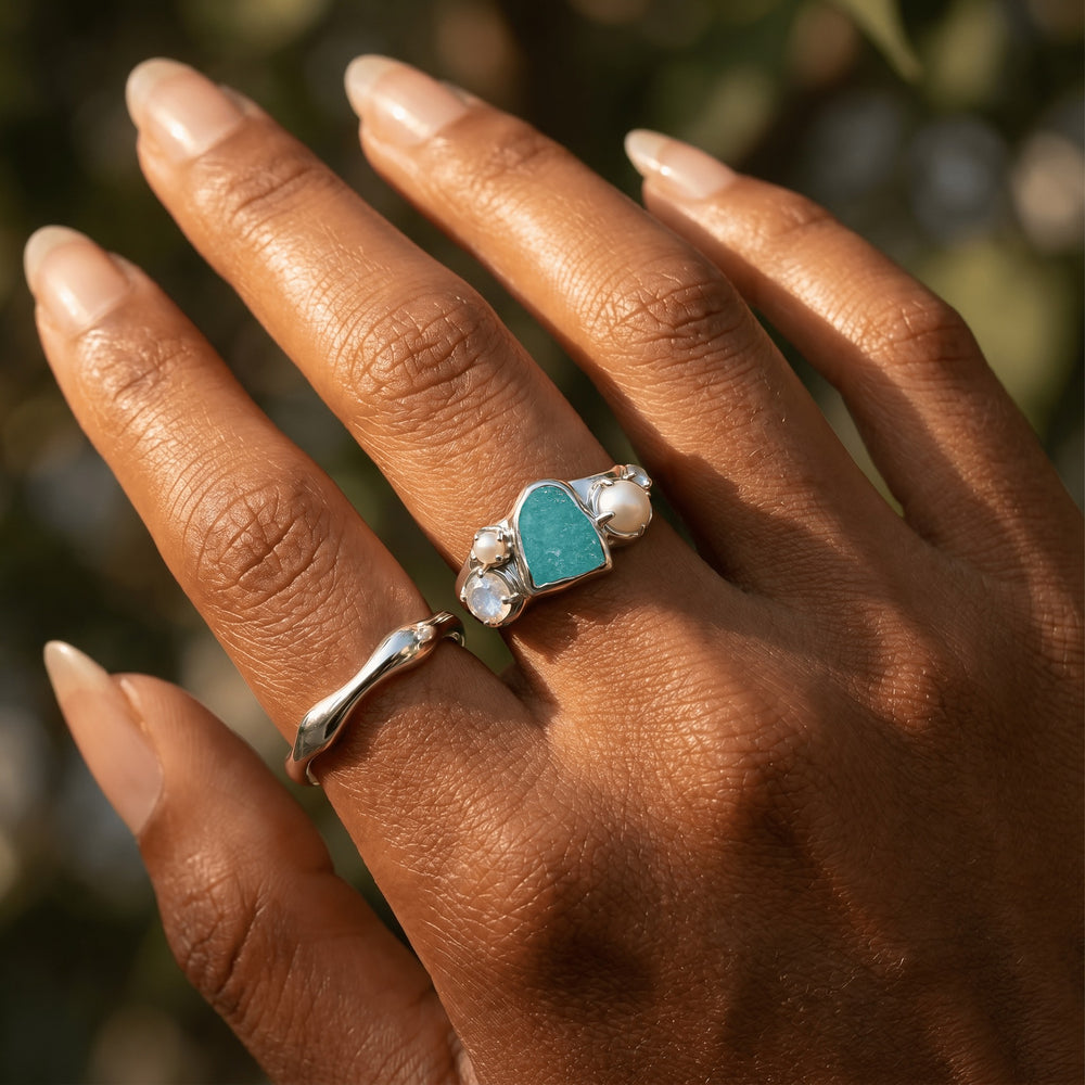 Amazonite Pearl Moonstone Ring Set angled product view