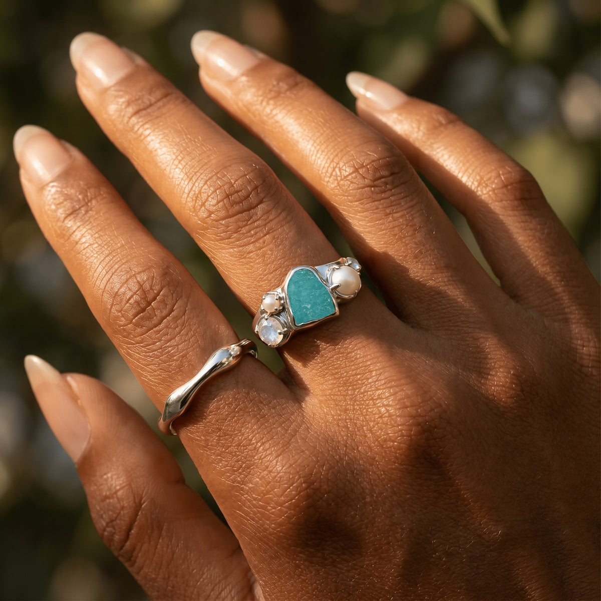 Amazonite Pearl Moonstone Ring Set angled product view