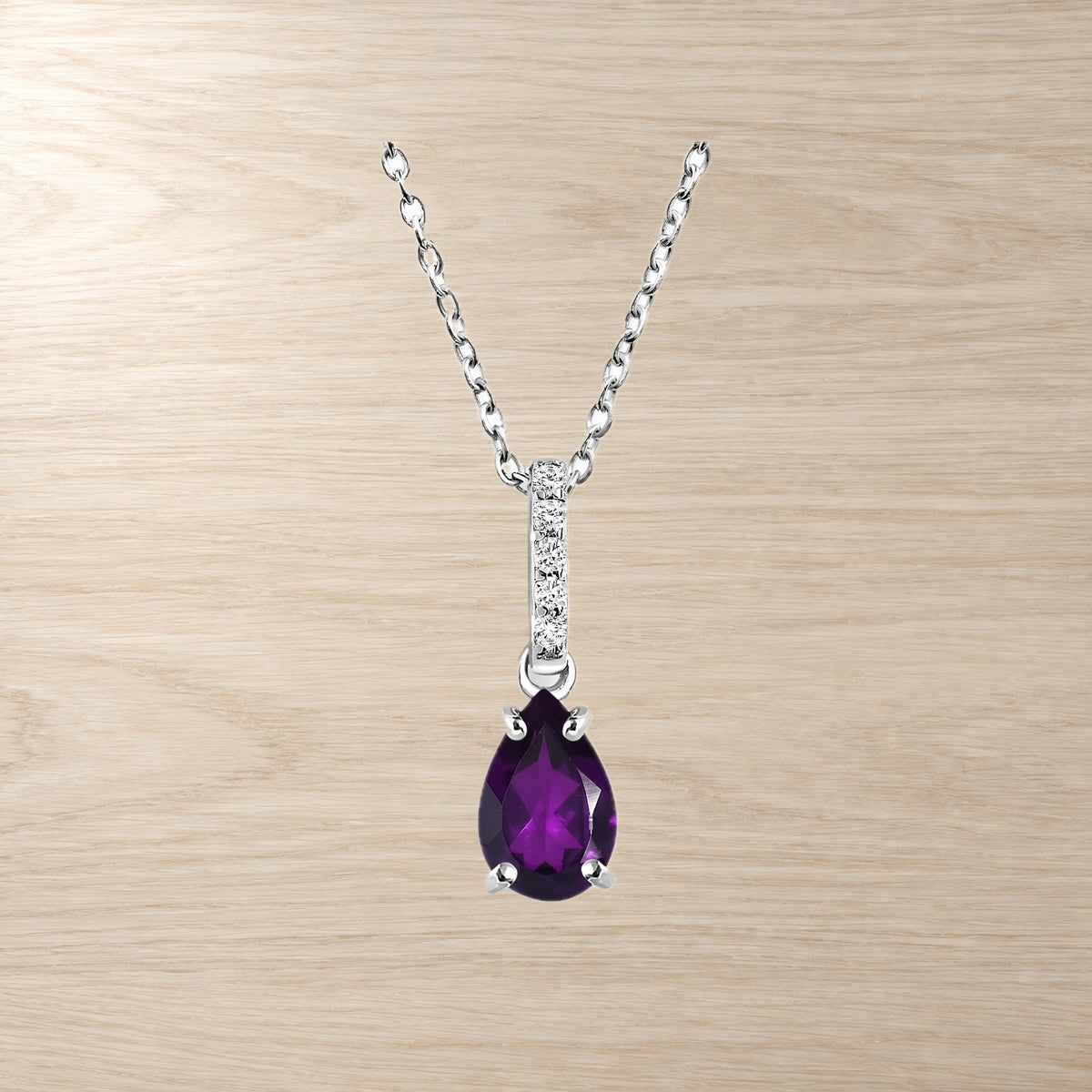 Amethyst white zircon necklace, front pendant view