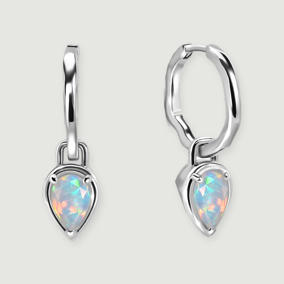 Two silver-tone hoop earrings with colorful pear-shaped opals are shown from the front and side.