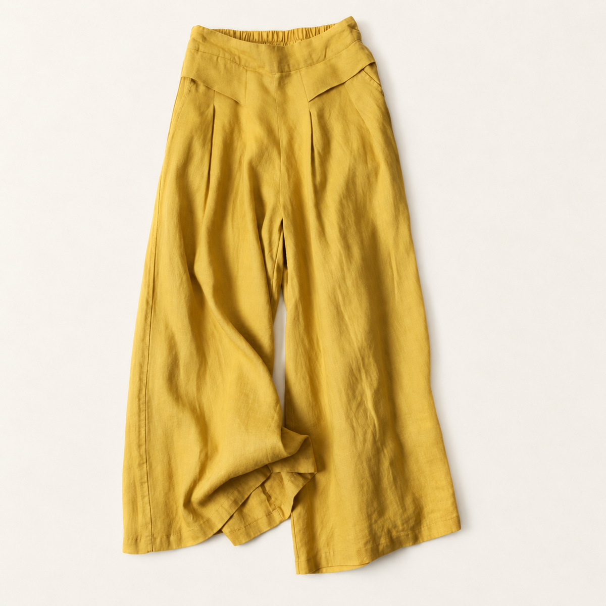 Yellow wide-leg pants; other color options not pictured; AI-edited draft reference.