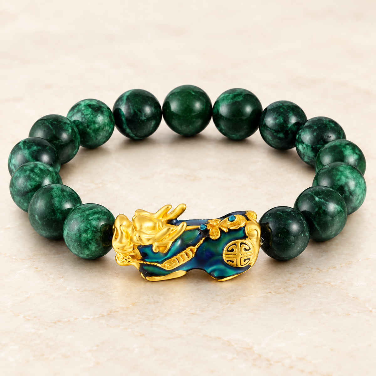 Green jade bead bracelet with a PiXiu charm; AI-edited draft reference.