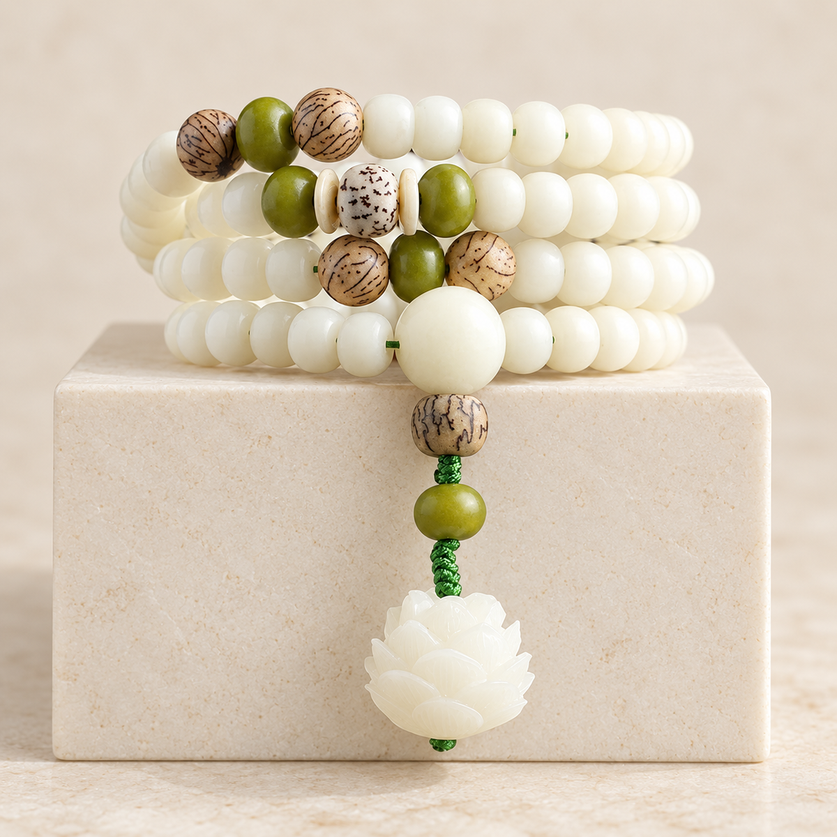 White Bodhi seed mala with green accents; AI-edited draft reference.