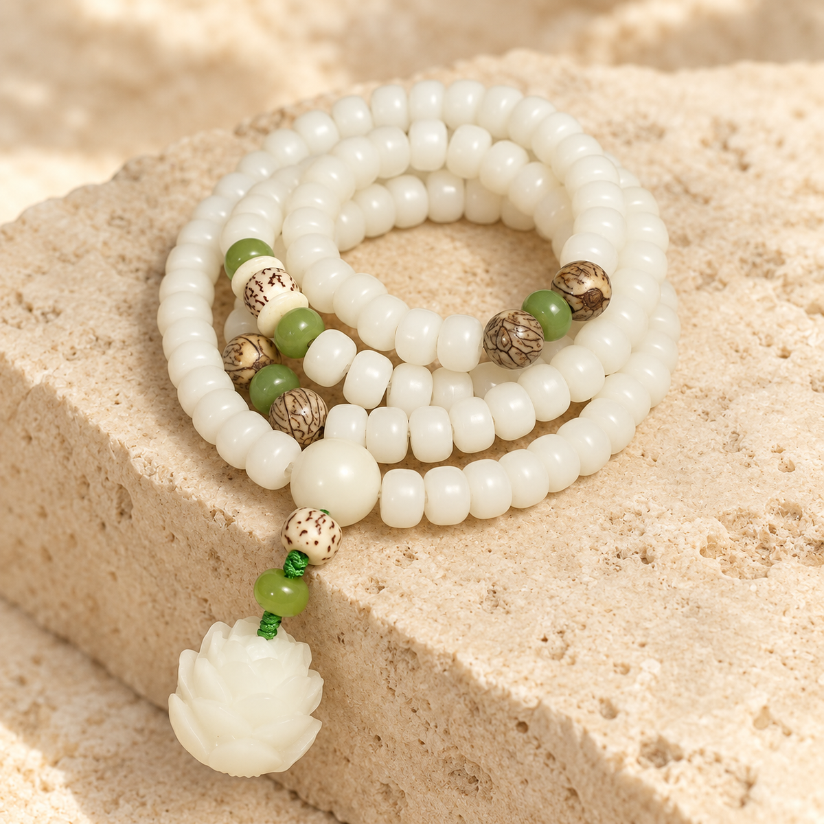 White Bodhi seed mala coiled with green accent beads and a white lotus pendant.