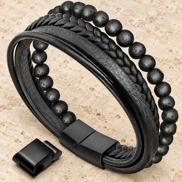 Dark Texture Lava Rock option with porous black beads and matte clasp extension shown.