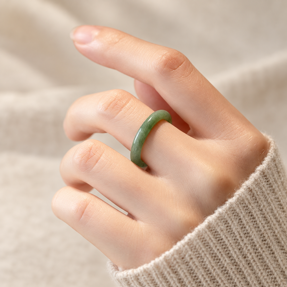 Jade band worn on a finger with a knit sleeve