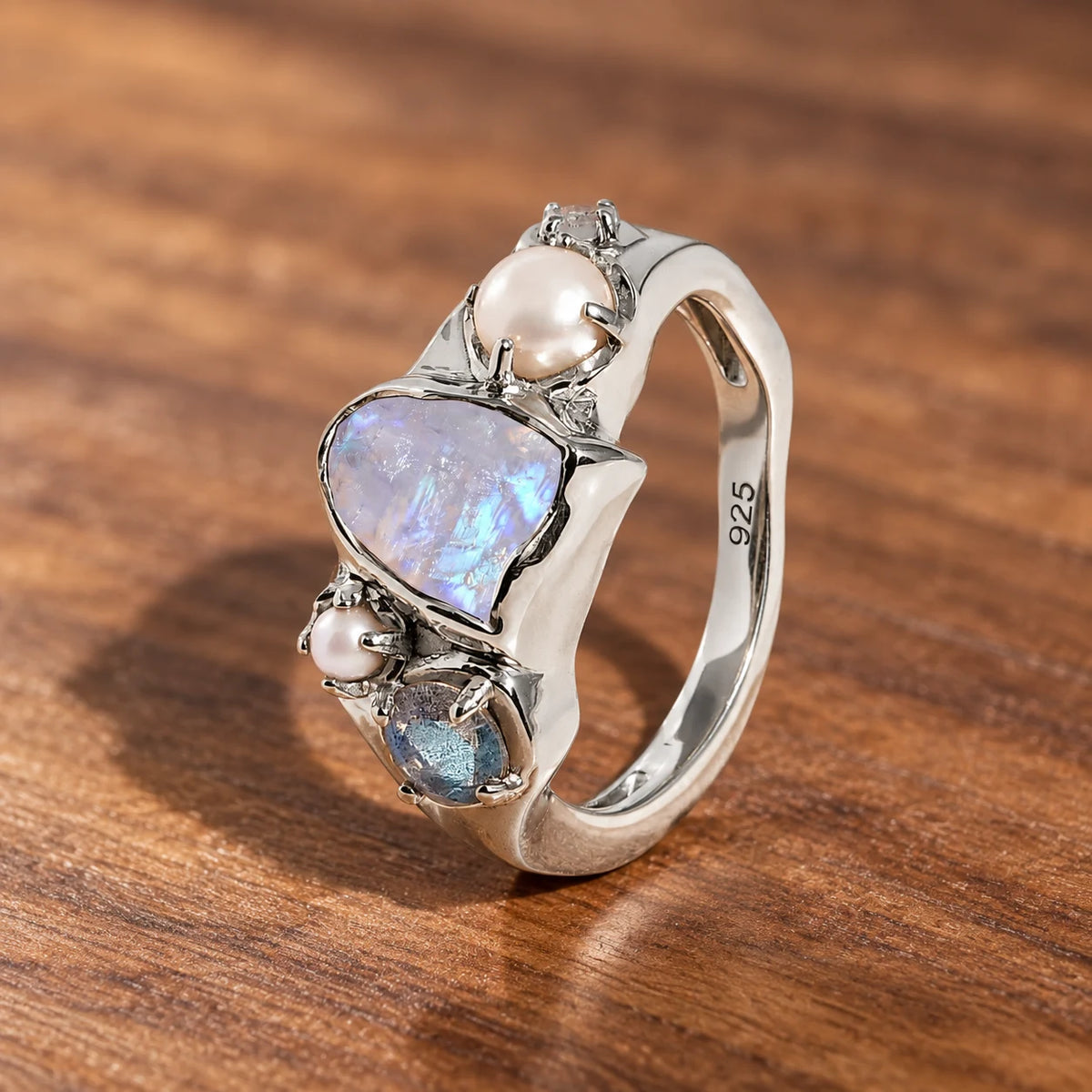 Tidal Bloom moonstone pearl cluster ring, sterling silver, side profile