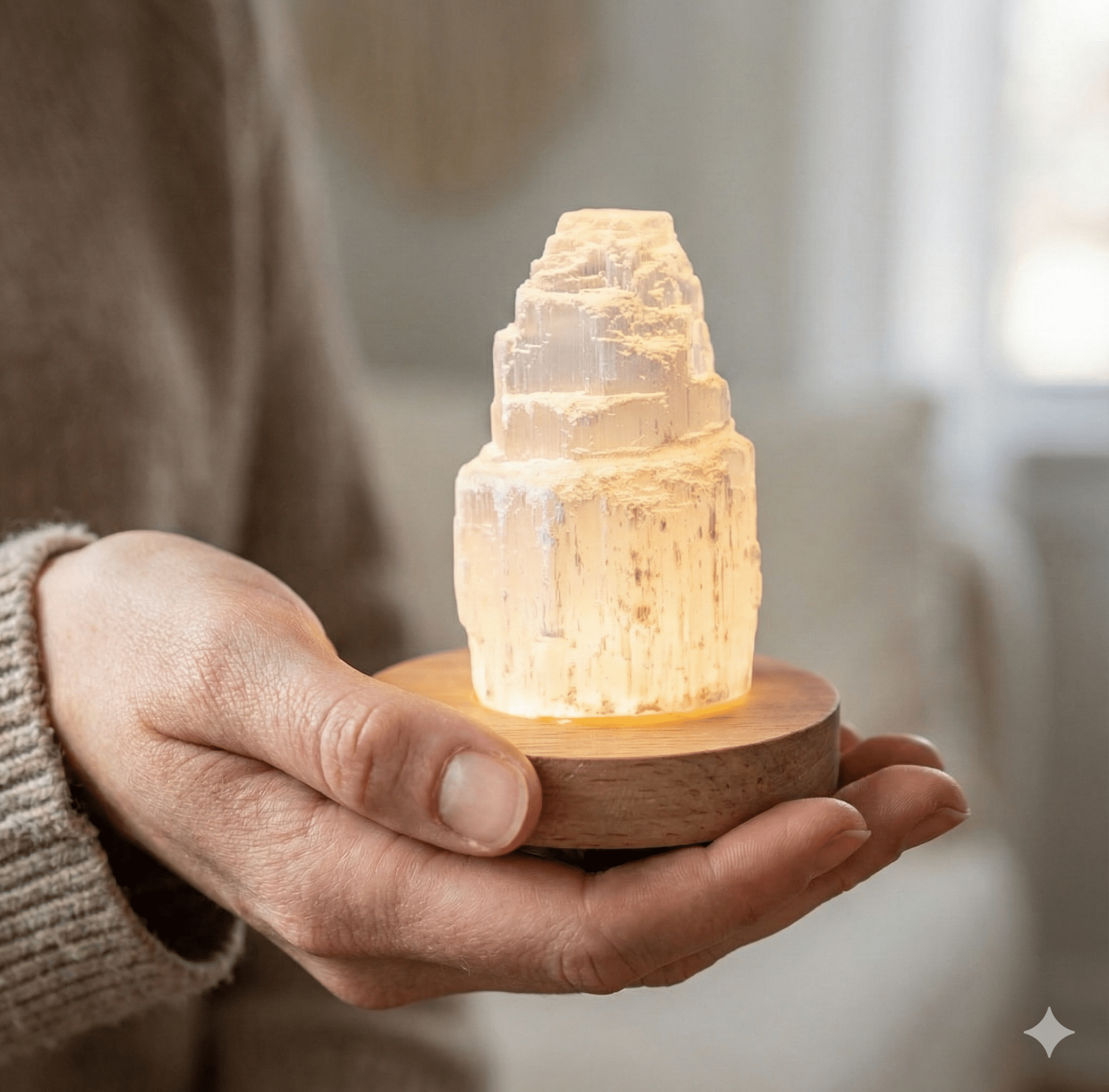 Natural Selenite Tower Lamp with Warm Glow & Wooden Base - ModernEnergyLab.com