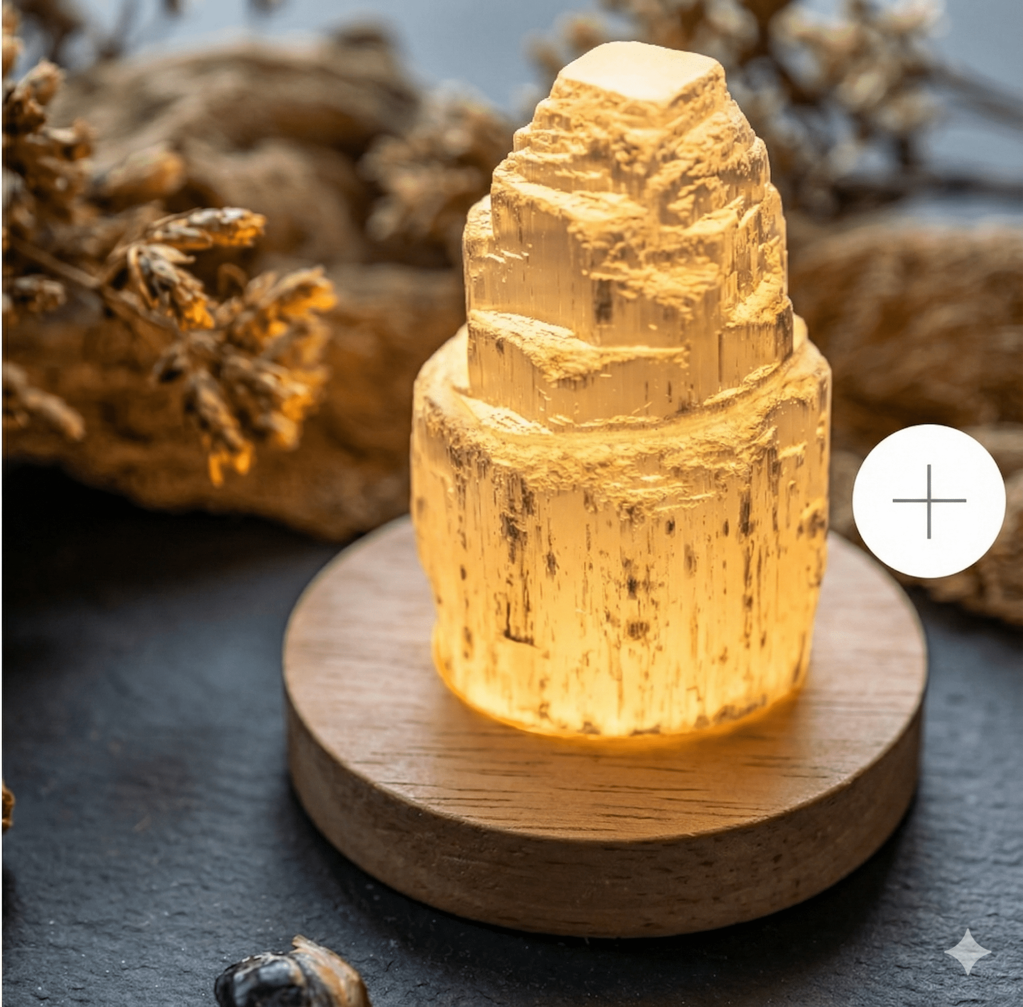 Natural Selenite Tower Lamp with Warm Glow & Wooden Base - ModernEnergyLab.com