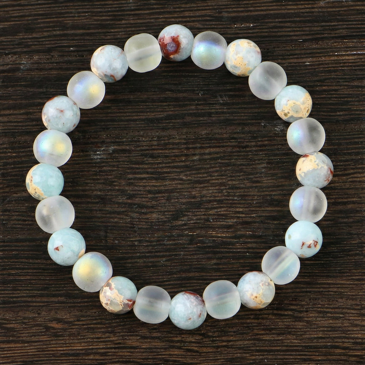 "New Beginnings" Aurora Glass & Sea Sediment Jasper Healing Bracelet – For Abundance, Clarity, and Realizing Potential