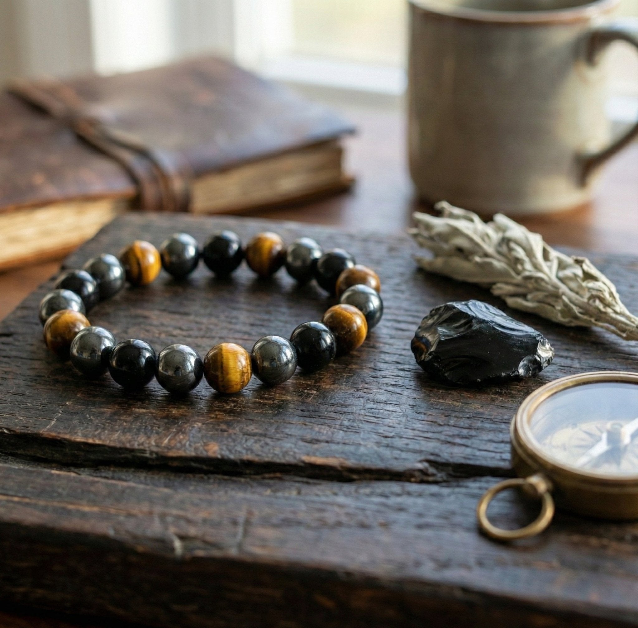The Anchor & Shield: Tiger's Eye, Hematite & Onyx Grounding Bracele - ModernEnergyLab.com