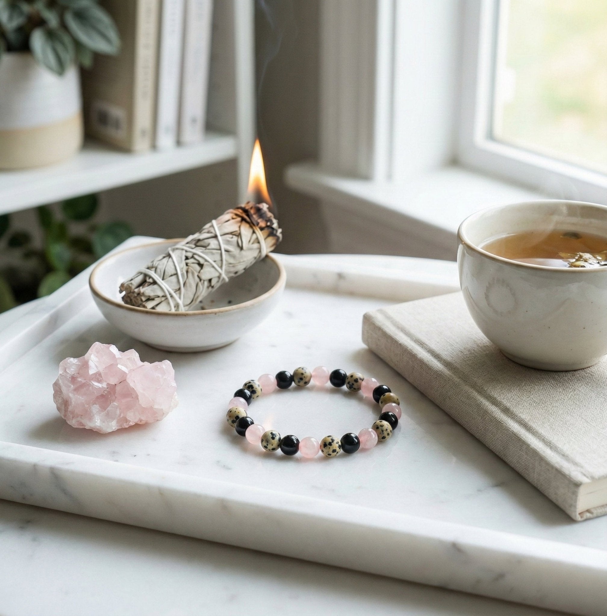 The "Past Release" Healing Trio Bracelet: Rose Quartz, Black Onyx & Dalmatian Jasper - ModernEnergyLab.com