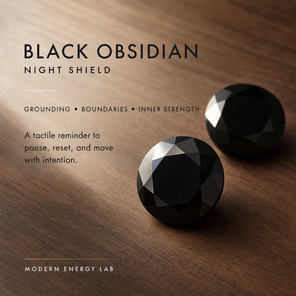Black obsidian symbolism card for grounding, boundaries and inner strength