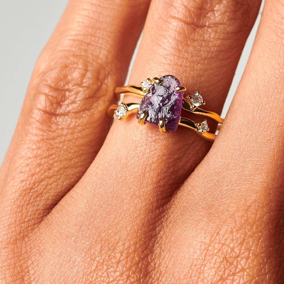 10kt yellow gold amethyst ring worn close view