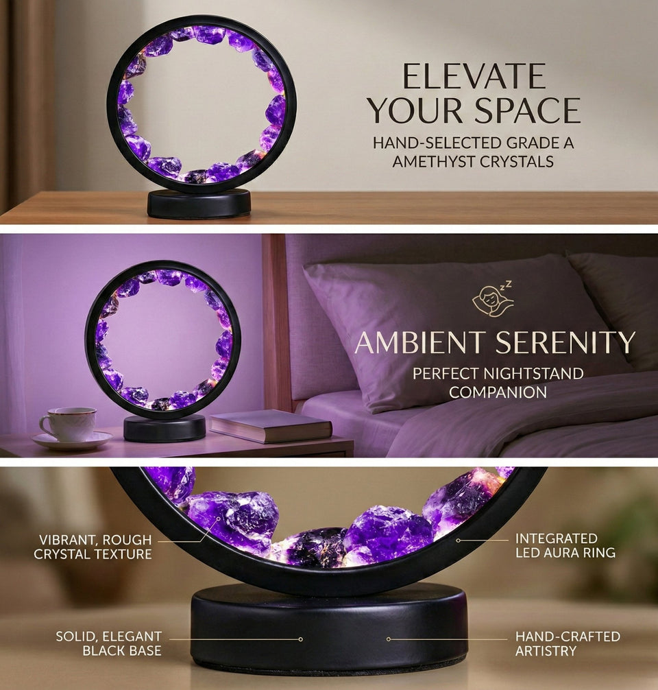Amethyst Crystal Aura Ring Lamp - Natural Healing Energy Decor for Bedroom & Meditation