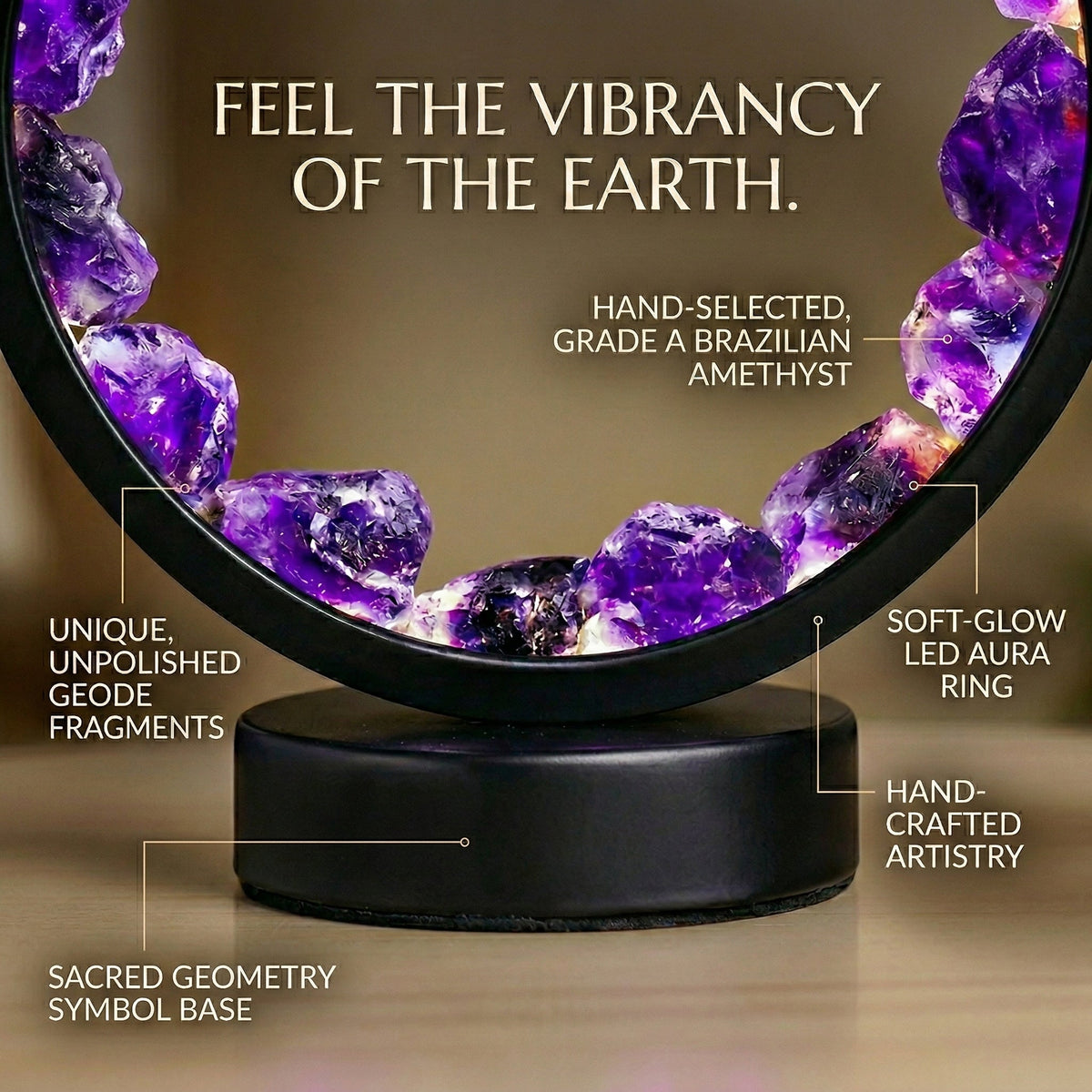 Amethyst Crystal Aura Ring Lamp - Natural Healing Energy Decor for Bedroom & Meditation
