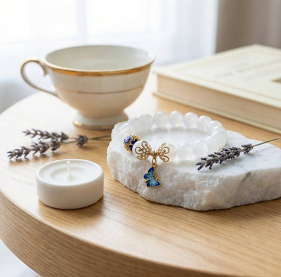 Celestial Wings: Moonstone & Blue Enamel Butterfly Bracelet - ModernEnergyLab.com