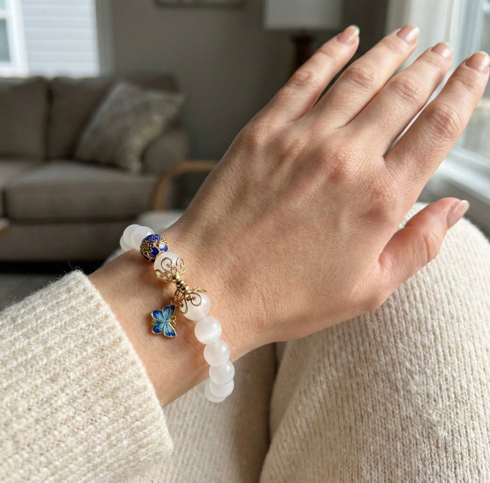 Celestial Wings: Moonstone & Blue Enamel Butterfly Bracelet