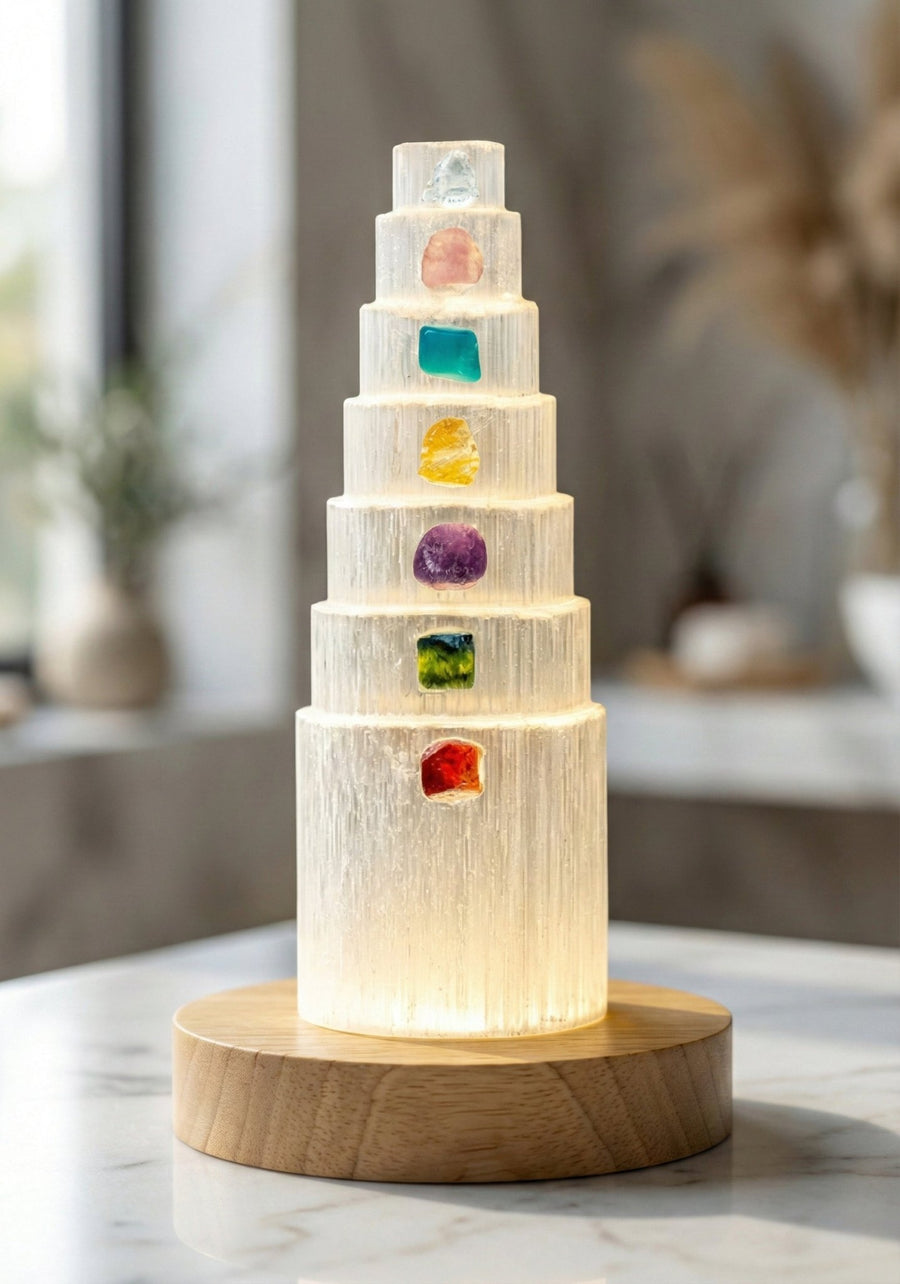 Chakra Harmony: The Glowing Selenite Energy Tower