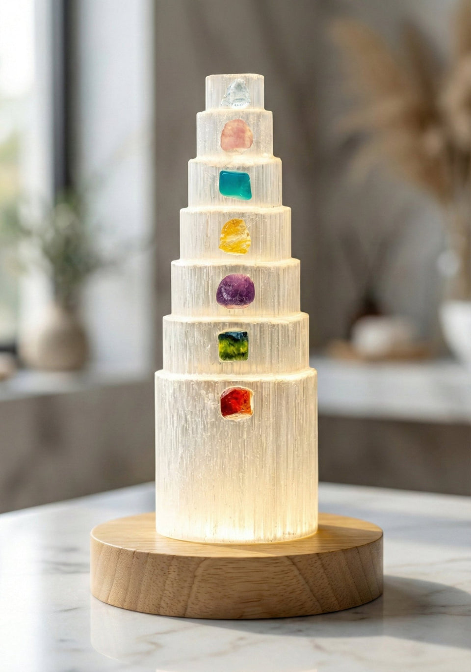 Chakra Harmony: The Glowing Selenite Energy Tower
