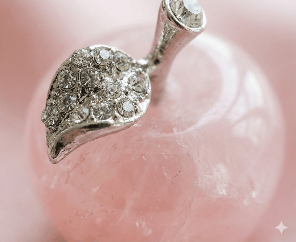 Eternal Harmony: Polished Rose Quartz Crystal Apple with Sparkling Jeweled Silver Stem