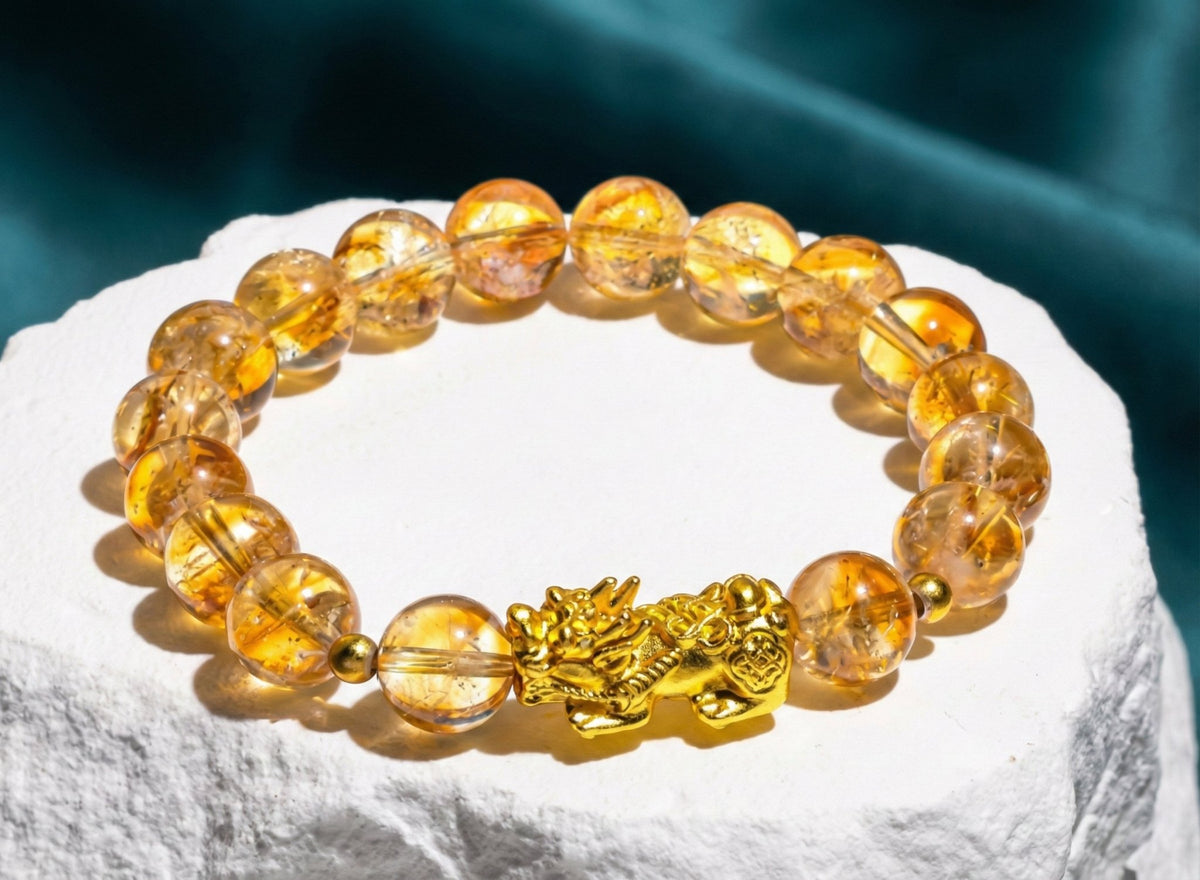 Fortune Gold Pixiu Citrine Bracelet - Auspicious Wealth Amulet