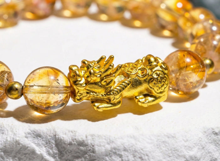 Fortune Gold Pixiu Citrine Bracelet - Auspicious Wealth Amulet