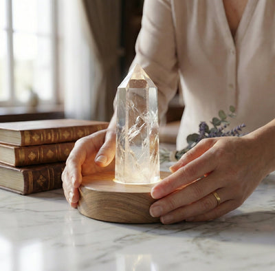 Luminous Clarity: Natural Clear Quartz Point Lamp on Warm Wooden Base (For Meditation & Home Decor) - ModernEnergyLab.com