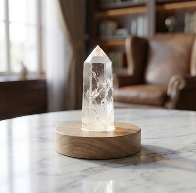 Luminous Clarity: Natural Clear Quartz Point Lamp on Warm Wooden Base (For Meditation & Home Decor) - ModernEnergyLab.com