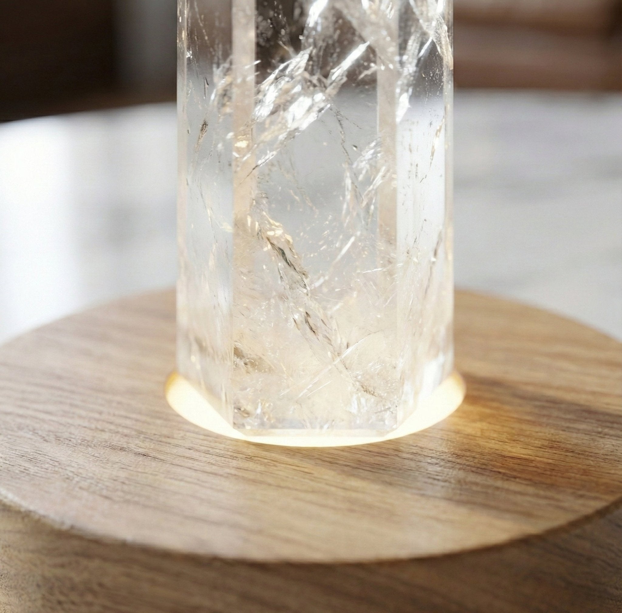 Luminous Clarity: Natural Clear Quartz Point Lamp on Warm Wooden Base (For Meditation & Home Decor) - ModernEnergyLab.com