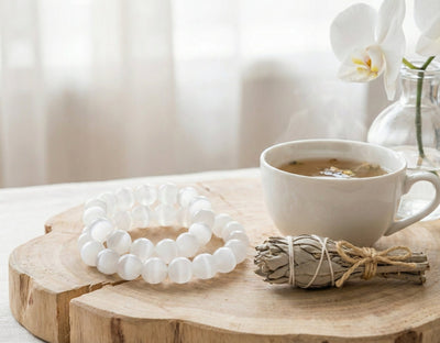 Lunar Clarity: Selenite Cat's Eye Bracelet for Peace & Higher Connection - ModernEnergyLab.com