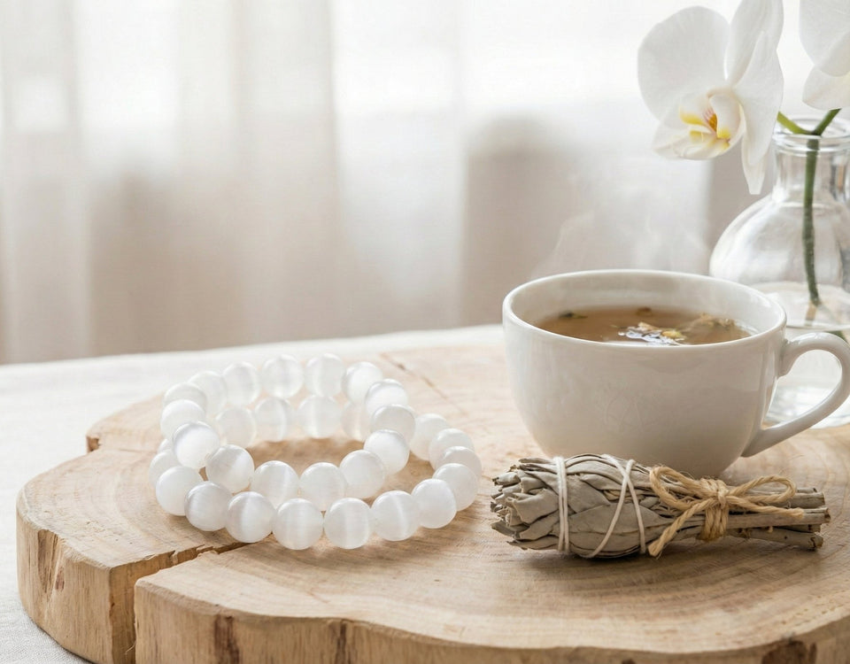 Lunar Clarity: Selenite Cat's Eye Bracelet for Peace & Higher Connection