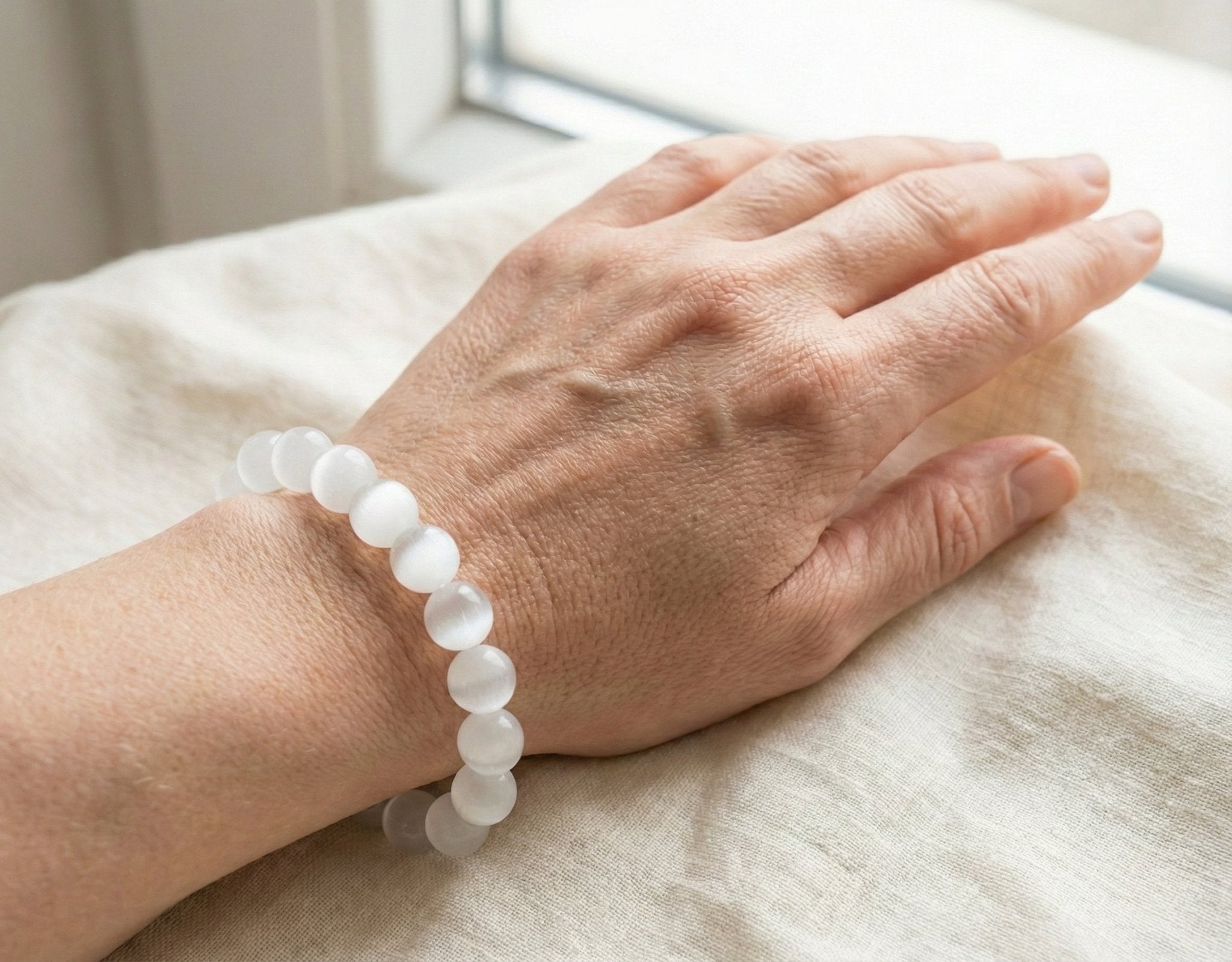 Lunar Clarity: Selenite Cat's Eye Bracelet for Peace & Higher Connection - ModernEnergyLab.com