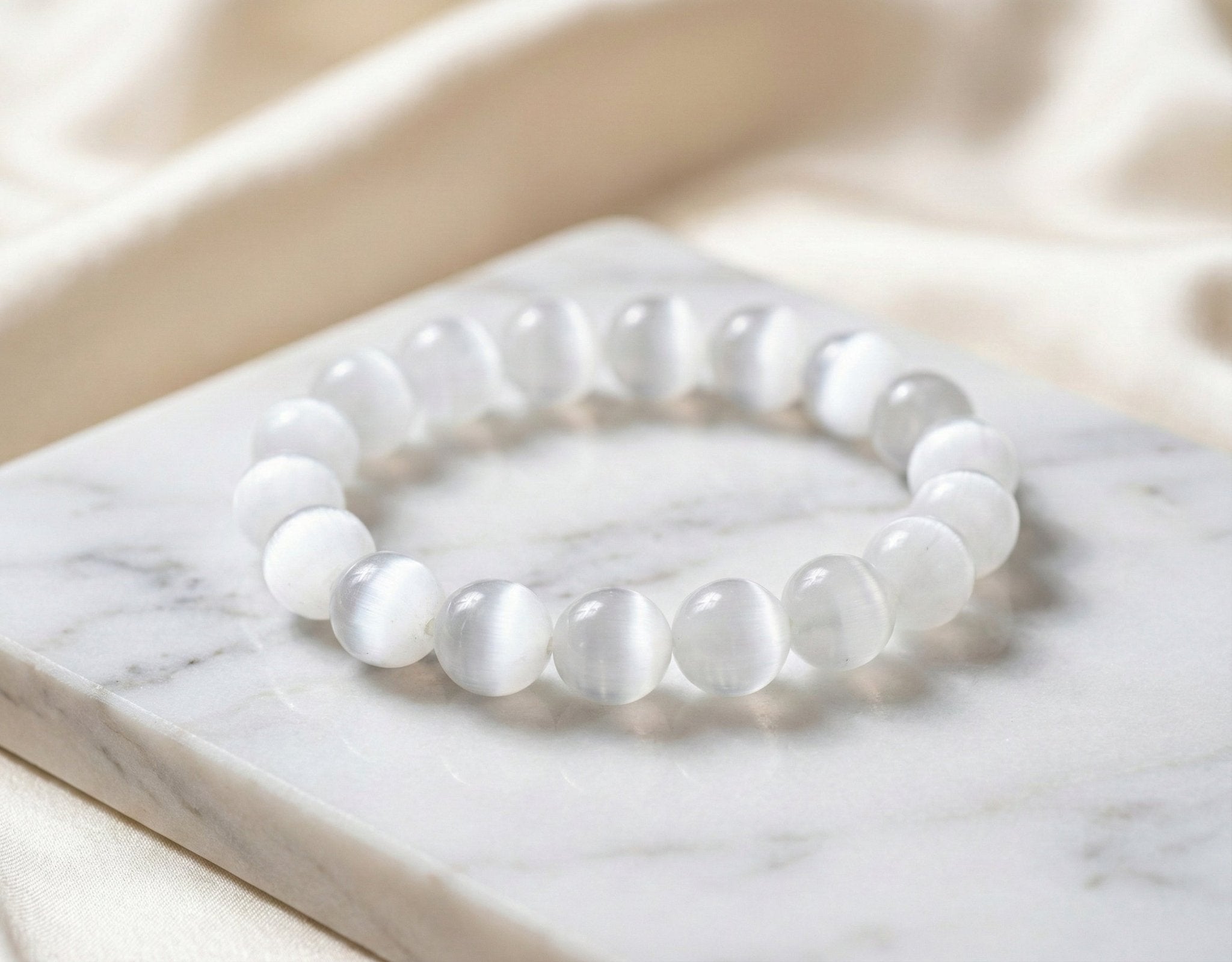 Lunar Clarity: Selenite Cat's Eye Bracelet for Peace & Higher Connection - ModernEnergyLab.com