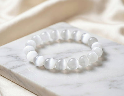 Lunar Clarity: Selenite Cat's Eye Bracelet for Peace & Higher Connection - ModernEnergyLab.com