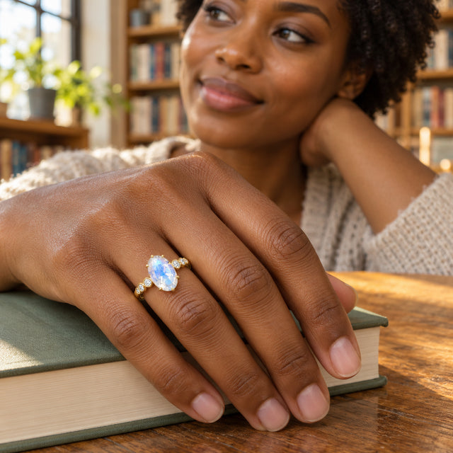 A yellow gold moonstone ring is shown on a brown hand resting on a closed green book at a wooden table.