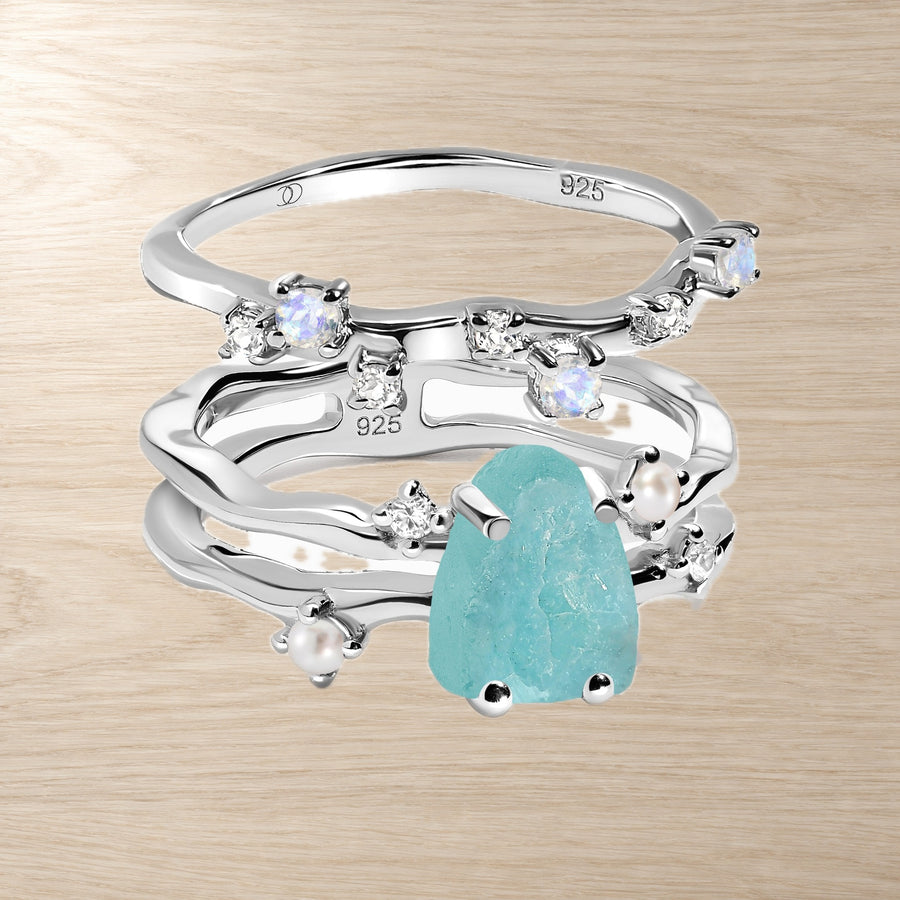 Amazonite Moonstone Pearl Ring Set — Sea Glass Balance