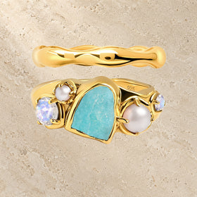 Amazonite Pearl Moonstone Ring Set close stone and finish detail