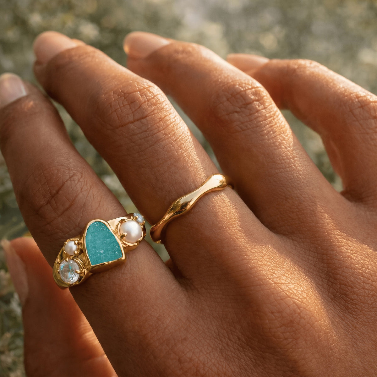 Amazonite Pearl Moonstone Ring Set side setting detail