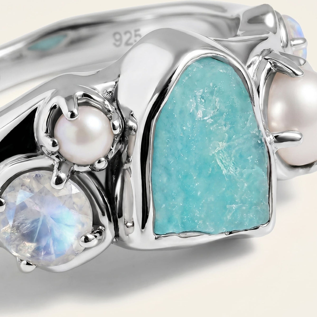 Amazonite Pearl Moonstone Ring Set clasp or band detail