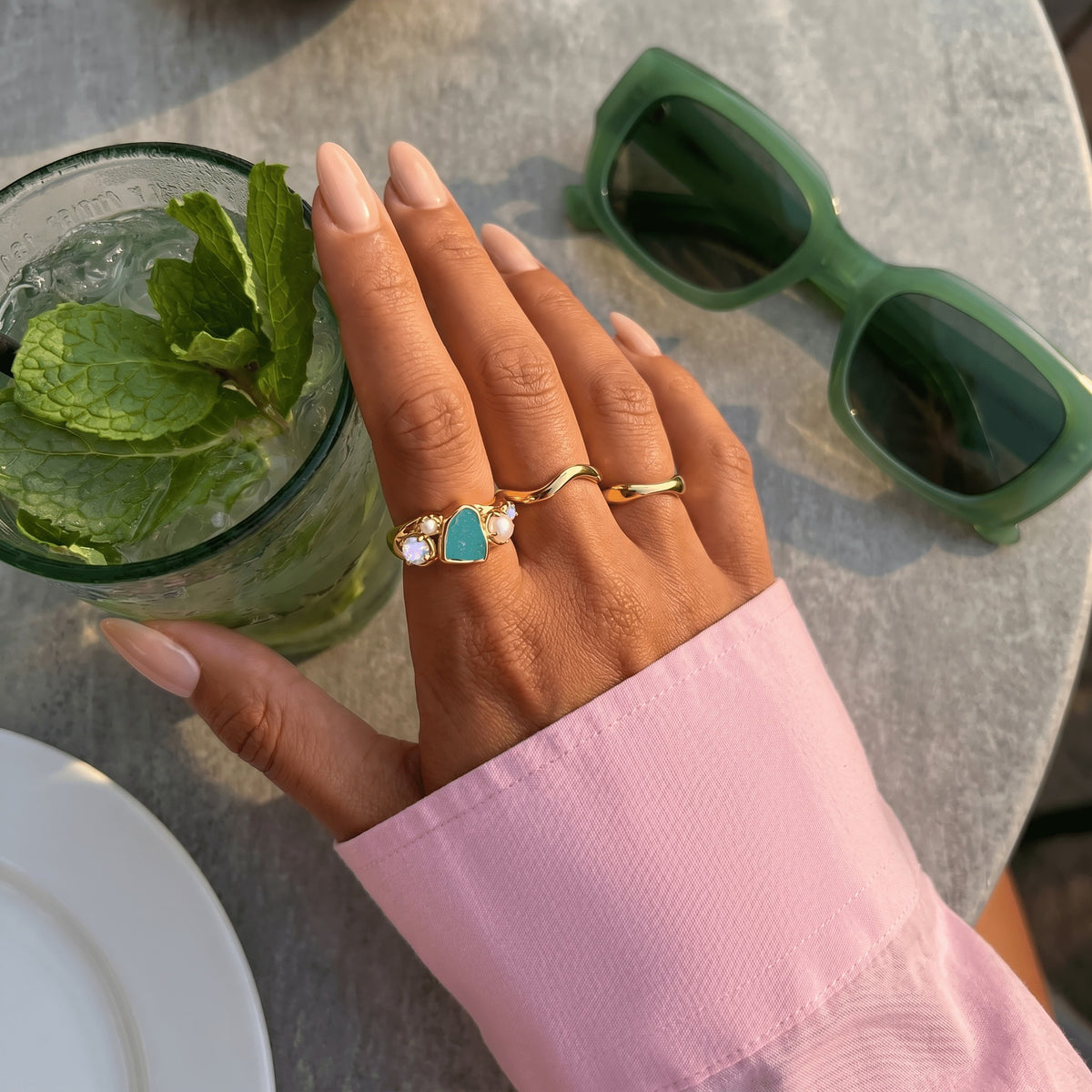 Amazonite Pearl Moonstone Ring Set back profile view