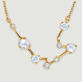 The gold constellation pendant shows round iridescent stones, small clear accents, and individual prongs.