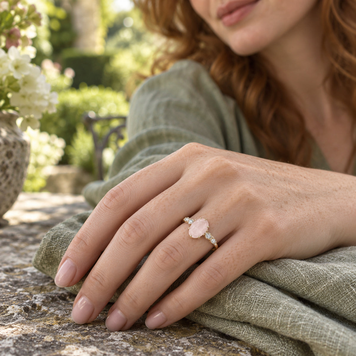 A yellow gold ring with an oval pink stone is shown on a freckled hand resting on sage linen at a garden table.