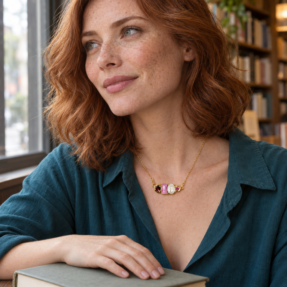 A yellow gold necklace with burgundy and pink stones and a white pearl rests at the neckline of a freckled woman in a dark gray sweater.
