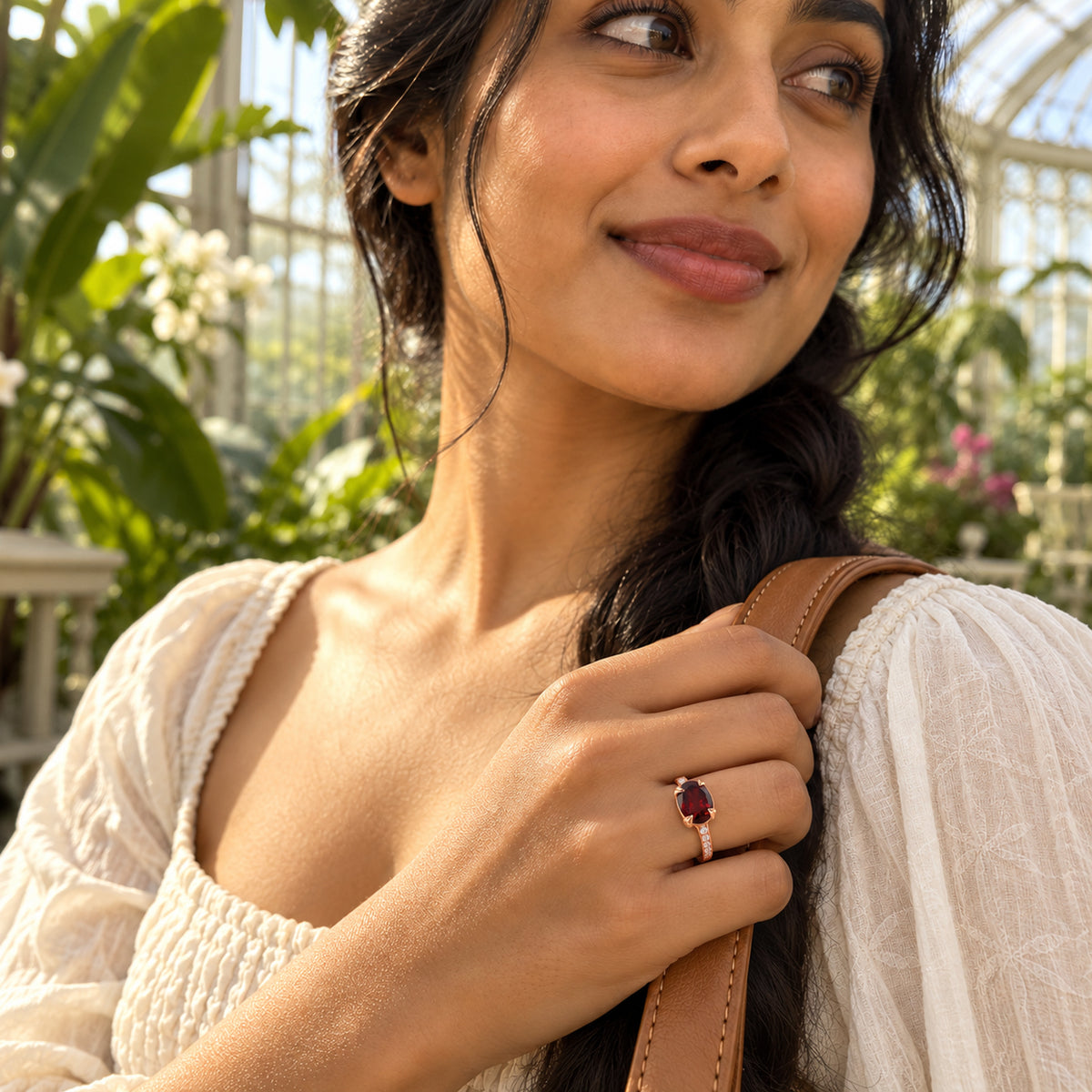 A rose gold garnet ring is worn on a hand gripping a tan bag strap among sunlit plants.