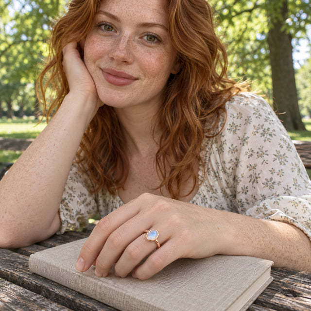 A rose gold moonstone ring rests on a freckled hand above a closed linen journal in a leafy park.
